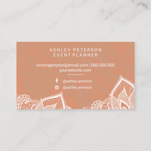 Floral white lace tan koper event planner visitekaartje (Achterkant)