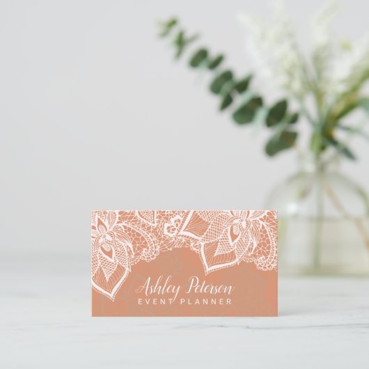 Floral white lace tan koper event planner visitekaartje (Staand voorkant)