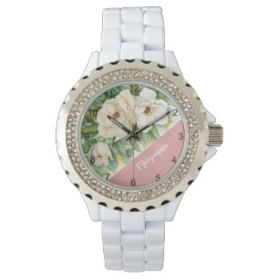 Floral White Magnolia voegt naam Waterverf polsban Horloge