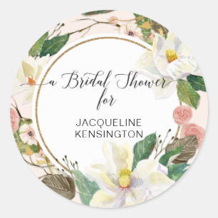 Floral White Magnolia Waterverf Foliage Gold Pink Ronde Sticker