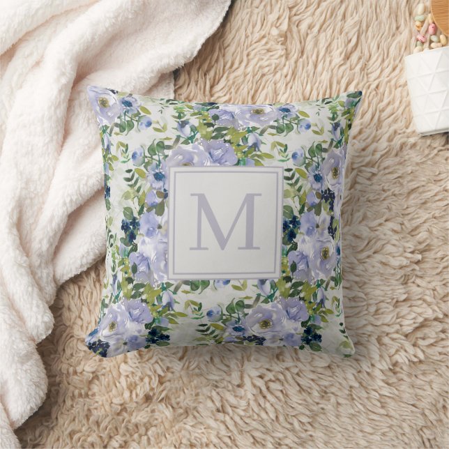 Floral White Monogram Cute Dusty Blue Navy Kussen (Deken)