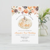 Floral White Pumpkin 1st Birthday Invitation Kaart (Staand voorkant)