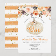 Floral White Pumpkin 1st Birthday Invitation