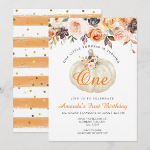 Floral White Pumpkin 1st Birthday Invitation Kaart
