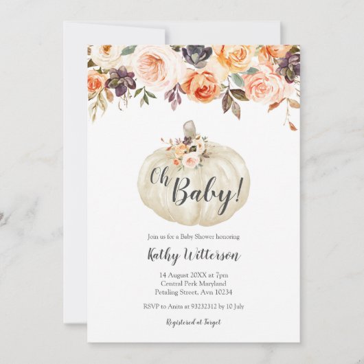 Floral White Pumpkin Baby shower Invitation Kaart (Voorkant)