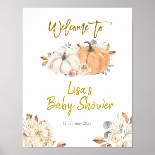 Floral White Pumpkin Baby shower Welkomstwoord Pos Poster (Voorkant)
