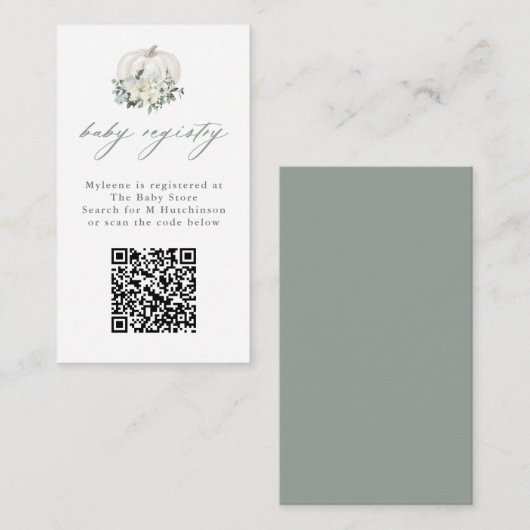 Floral White Pumpkin QR Code Baby Registry Informatiekaartje (Voorkant / Achterkant)