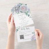 Floral White QR Code Pastels & White Peonies All In One Uitnodiging (Afscheurbaar)