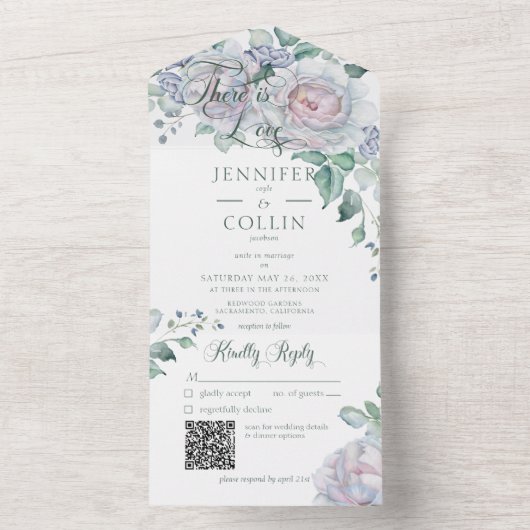 Floral White QR Code Pastels & White Peonies All In One Uitnodiging (Binnen)