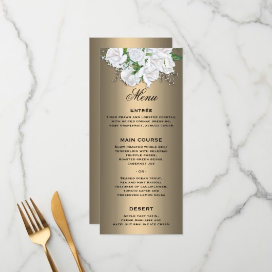 Floral White Rose Bouquet op Bronze Wedding Menu (Voorkant / Achterkant in situ)