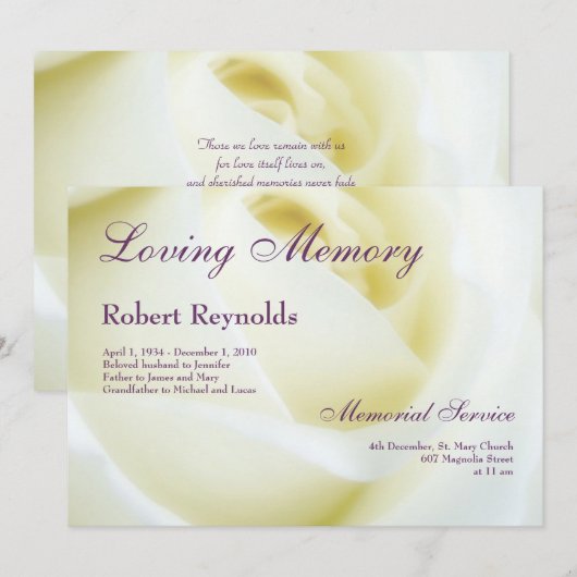 Floral White Rose Funeral of Memorial Aankondiging (Voorkant / Achterkant)