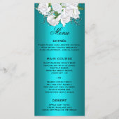 Floral White Roses and Metallic Aqua Wedding Menu (Voorkant)