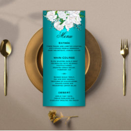 Floral White Roses and Metallic Aqua Wedding Menu