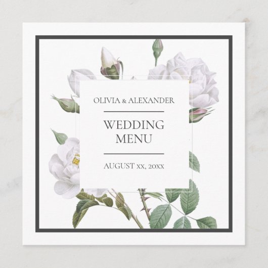 Floral White Roses Elegant Wedding Flat Menu (Voorkant)