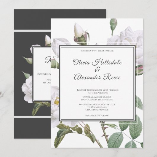 Floral White Roses Elegant Wedding Invitation Kaart (Voorkant / Achterkant)