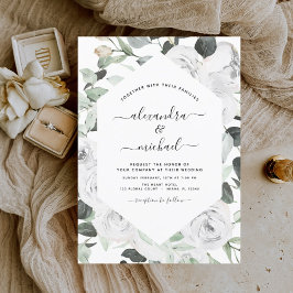 Floral White Roses Eucalyptus Greenery Wedding IV Kaart