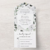 Floral White Roses Eucalyptus Wedding All In One Uitnodiging (Binnen)