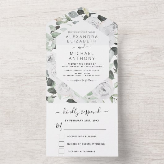 Floral White Roses Eucalyptus Wedding All In One Uitnodiging (Binnen)