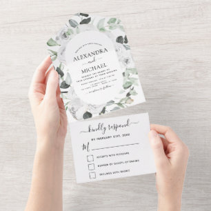 Floral White Roses Eucalyptus Wedding RSVP All In One Uitnodiging