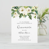 Floral White Roses Greenery Elegant Quinceañera Kaart (Staand voorkant)