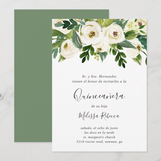 Floral White Roses Greenery Elegant Quinceañera Kaart (Voorkant / Achterkant)