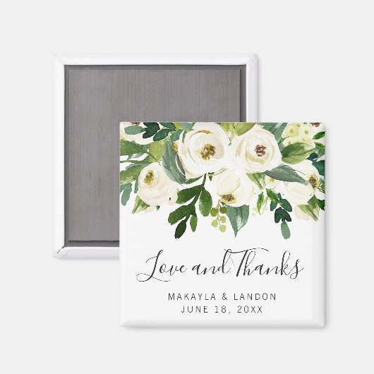 Floral White Roses Greenery Wedding Favor Magneet (Voorkant / Achterkant)