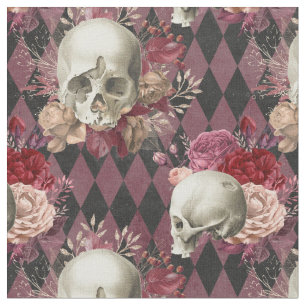 Floral White Skulls en Dark Pink Gecontroleerd Stof