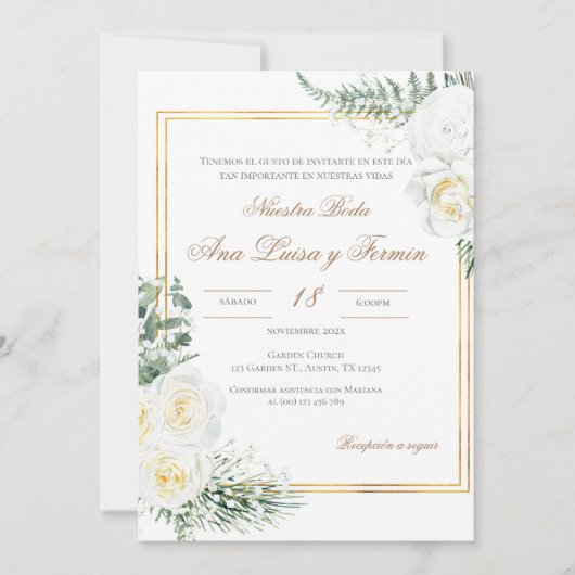 Floral White Spanish Wedding Invitation Kaart (Voorkant)