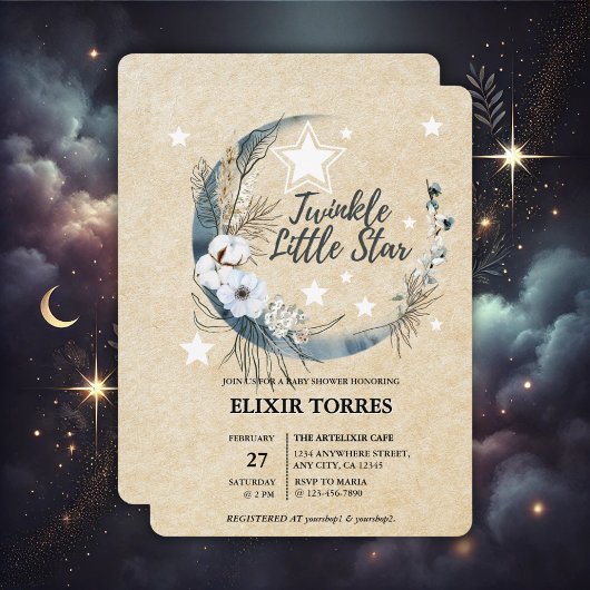Floral White Twinkle Little Star Baby shower Kaart