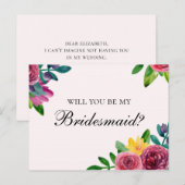 Floral, wil je mijn bruidsmeisje zijn? Roze bloeme Uitnodiging Briefkaart (Voorkant / Achterkant)