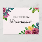 Floral, wil je mijn bruidsmeisje zijn? Roze bloeme Uitnodiging Briefkaart (Voorkant)