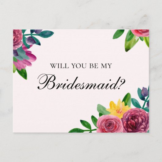 Floral, wil je mijn bruidsmeisje zijn? Roze bloeme Uitnodiging Briefkaart (Voorkant)