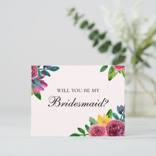 Floral, wil je mijn bruidsmeisje zijn? Roze bloeme Uitnodiging Briefkaart (Staand voorkant)