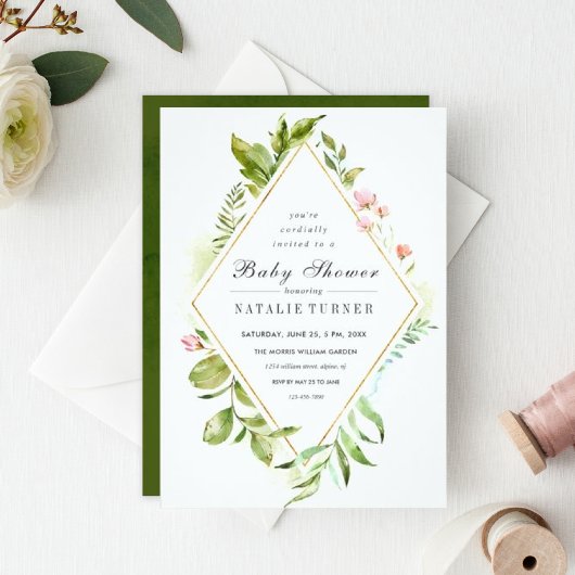 Floral Wild Green Foliage Baby shower Invitation Kaart