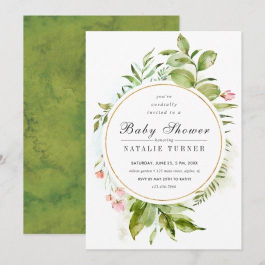 Floral Wild Green Foliage Baby shower Invitation Kaart (Voorkant / Achterkant)