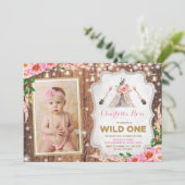 Floral Wild One 1st Birthday Rustic Teepee Party Kaart (Staand voorkant)