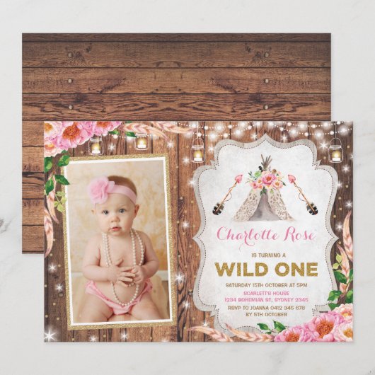 Floral Wild One 1st Birthday Rustic Teepee Party Kaart (Voorkant / Achterkant)
