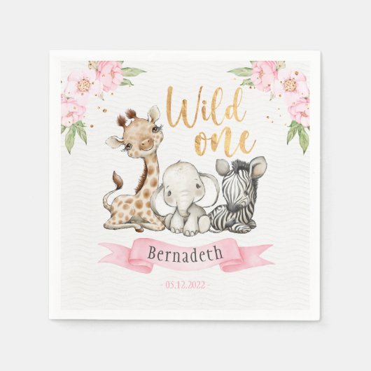 Floral Wild One Baby Animals 1e verjaardag Servet (Voorkant)