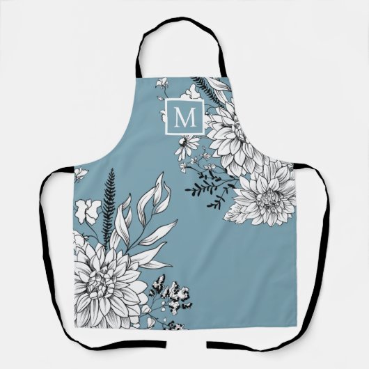 Floral Wilde bloem Botanisch Monogram Blauw Wit Schort (Voorkant)