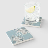 Floral Wilde bloem Botanisch Monogram Blauw Wit Stenen Onderzetter (Zijkant)