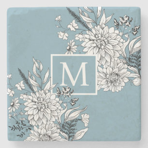 Floral Wilde bloem Botanisch Monogram Blauw Wit Stenen Onderzetter