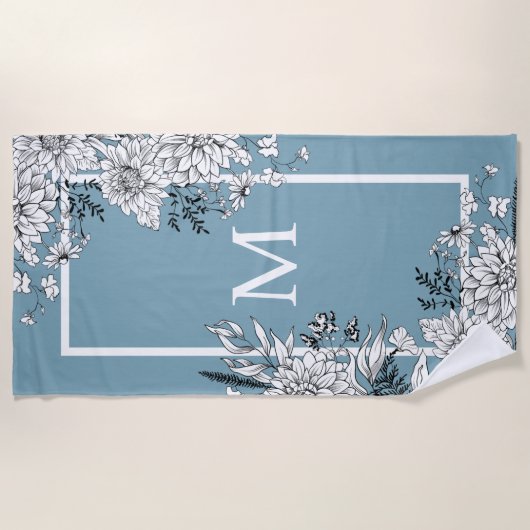Floral Wilde bloem Botanisch Monogram Blauw Wit Strandlaken (Voorkant)