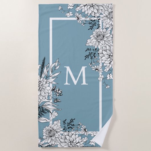 Floral Wilde bloem Botanisch Monogram Blauw Wit Strandlaken (Voorkant)
