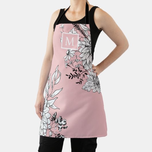 Floral Wilde bloem Botanische Monogram Roze Wit Schort (Insitu)