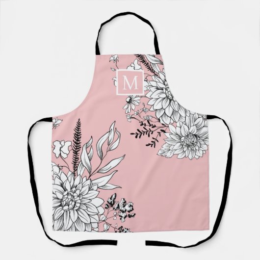 Floral Wilde bloem Botanische Monogram Roze Wit Schort (Voorkant)