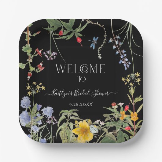 Floral Wildflower Boho Black WelkomstVrijgezellenf Papieren Bordje (Voorkant)