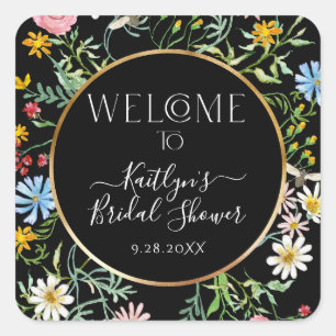 Floral Wildflower Boho Welkom zwart Vrijgezellenfe Vierkante Sticker
