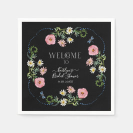 Floral Wildflower Daisy Black Boho Vrijgezellenfee Servet