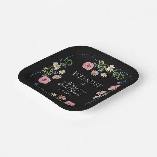 Floral Wildflower Daisy Boho Black Vrijgezellenfee Papieren Bordje (Gebogen)