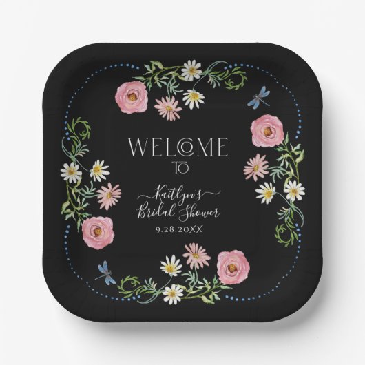 Floral Wildflower Daisy Boho Black Vrijgezellenfee Papieren Bordje (Voorkant)